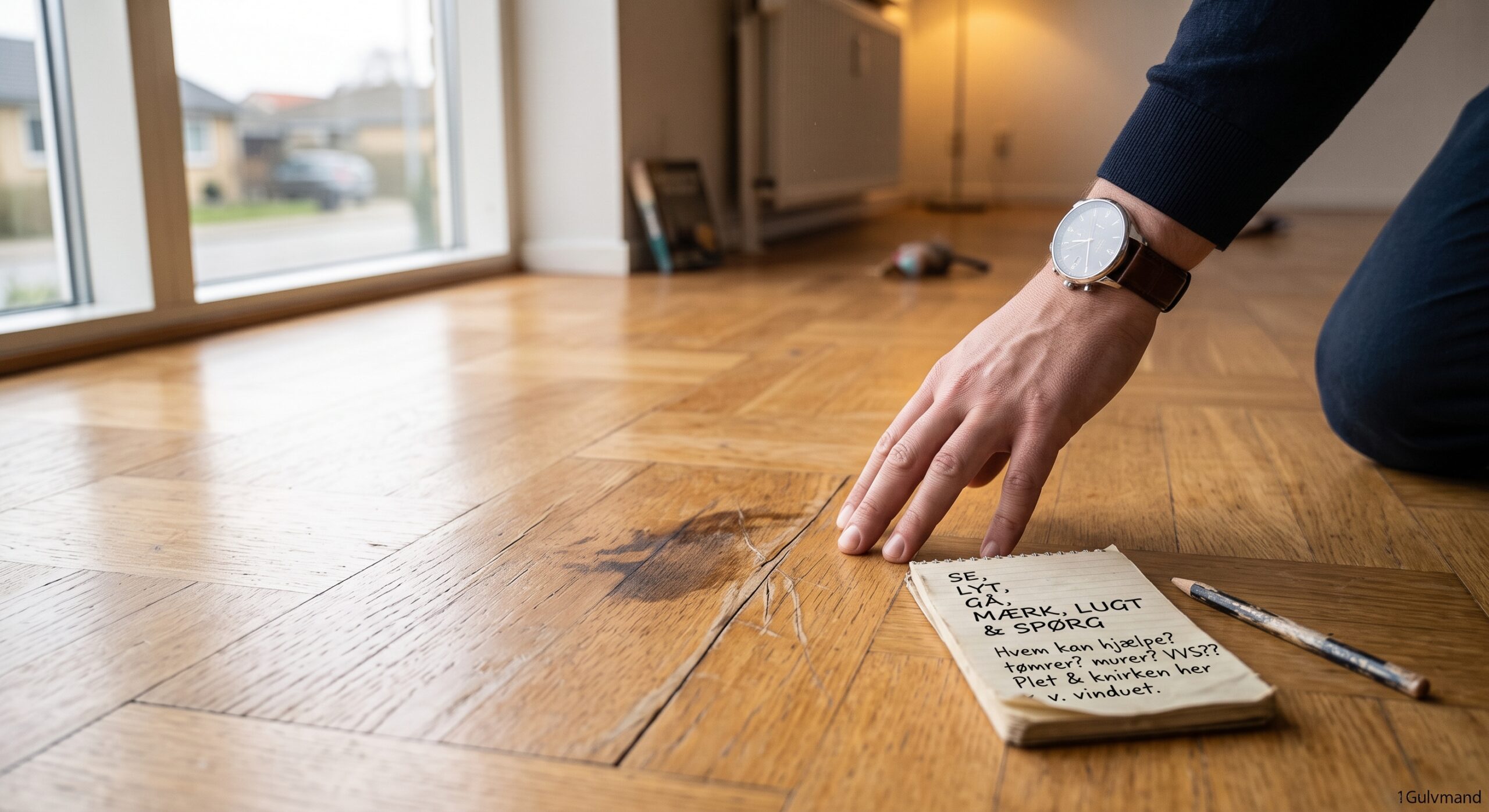 Mand undersøger fugtskade og revner i parketgulv ved siden af notesblok med tjeklist skrevet på.